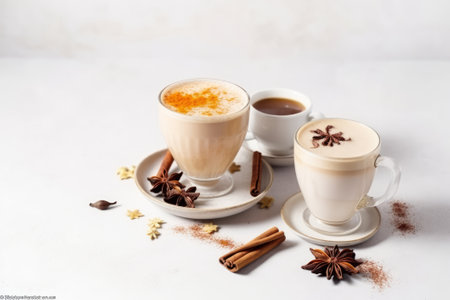Winter drinks, including spiced coffee and masala tea, arranged on a white background.の写真素材