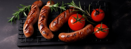 Grilled sausage with tomatoes and rosemary on black board background.の写真素材