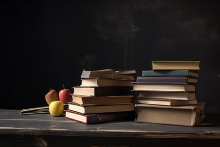 A wooden table is filled with school books and stationary, with a blackboard background that provides empty space for text or design.の写真素材