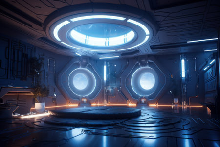 futuristic yoga studio environment aboard a spaceship.の写真素材
