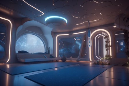 futuristic yoga studio environment aboard a spaceship.の写真素材