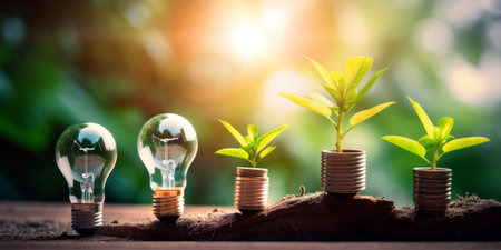 Green energy investment concept depicted through a light bulb containing a growing tree and plants on top of money.の写真素材