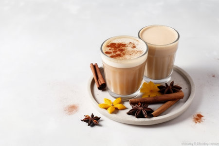 Winter drinks, including spiced coffee and masala tea, arranged on a white background.の写真素材