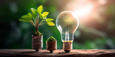 Green energy investment concept depicted through a light bulb containing a growing tree and plants on top of money.の写真素材