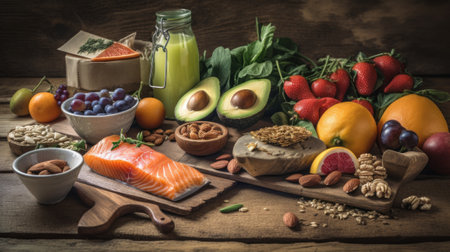 Selection of healthy food on rustic wooden background.の写真素材