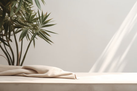 Beige cotton tablecloth on counter table with a tropical dracaena tree in sunlight against a white wall background, perfect for luxury organic skincare or beauty product display. 3D rendering.の写真素材