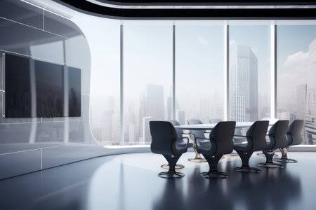 Futuristic conference room with blank wall plasma and city view. 3D rendering.の写真素材