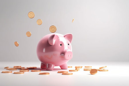 A 3D rendering of a golden coin dropping into a pink piggy bank, representing the concept of saving money and making investments to gain profit and dividends.の写真素材