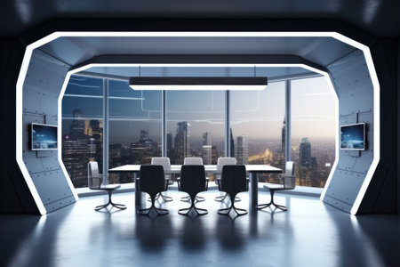 Futuristic conference room with blank wall-mounted plasma and night city view. 3D rendering, mockup.の写真素材