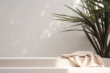 Beige cotton tablecloth on counter table with a tropical dracaena tree in sunlight against a white wall background, perfect for luxury organic skincare or beauty product display. 3D rendering.の写真素材