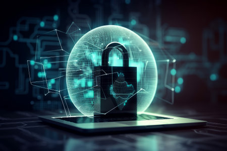 Abstract cyberattack block concept with shield and lock icon on circuit board and binary code network wireframe background.の写真素材