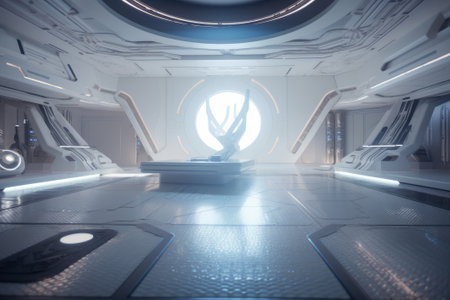 futuristic yoga studio, dojo environment aboard a spaceship, temple space, pure white.の写真素材