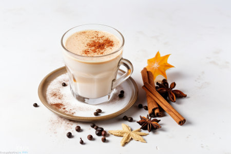 Winter drinks, including spiced coffee and masala tea, arranged on a white background.の写真素材