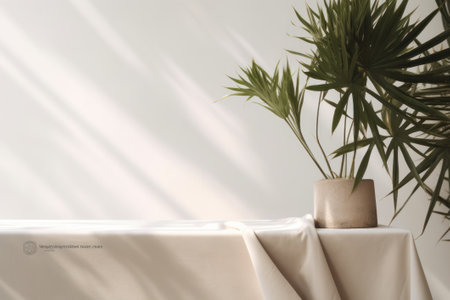 Beige cotton tablecloth on counter table with a tropical dracaena tree in sunlight against a white wall background, perfect for luxury organic skincare or beauty product display. 3D rendering.の写真素材