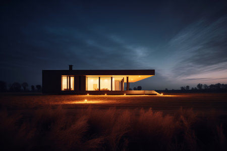 Inspiring elegant artful architecture at sunset, minimalist modern style, brutalist one-story one-story house in the field.の写真素材