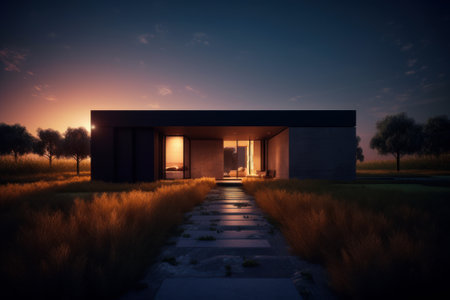 Inspiring elegant artful architecture at sunset, minimalist modern style, brutalist one-story one-story house in the field.の写真素材