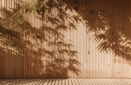 Tropical bamboo tree leaf shadow on a wooden panel with wood grain. Background for luxury product display and interior design. 3D rendering.の写真素材