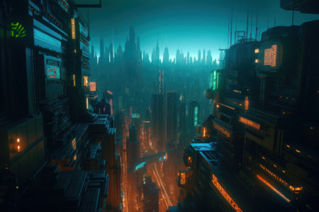 futuristic cyberpunk city in fog at night, digital illustration.の写真素材
