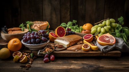 Selection of healthy food on rustic wooden background.の写真素材