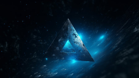 A blue triangle symbol with the universe inside.の写真素材