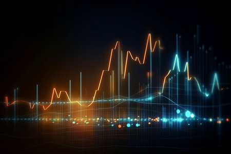 A digital graph chart representing the stock trade market for businesses to invest in, showcasing growth and profit. Utilizing generative AI technology.の写真素材