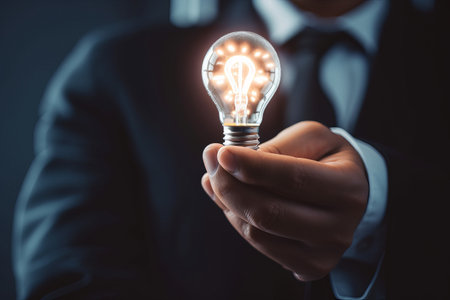 A businessman holds a lightbulb while symbolizes creative thinking for generating profitable ideas and problem-solving.の写真素材