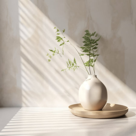 Green plant in modern white vase on stone counter table with leaf shadow and sunlight for interior design and product display. 3D rendering.の写真素材