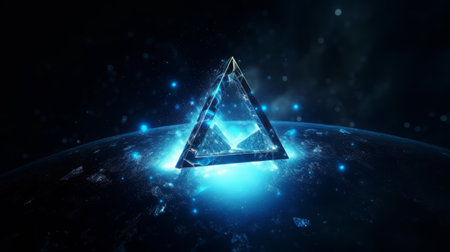 A blue triangle symbol with the universe inside.の写真素材