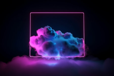 Neon pink and blue lights in a square frame with cloud formation on dark background.の写真素材