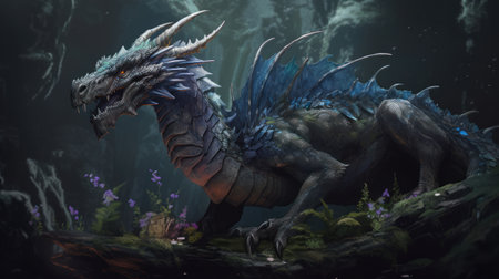 Fierce, Dark handsome regal dragon. Fantasy dungeons and dragons, misty background. digital painting.の写真素材