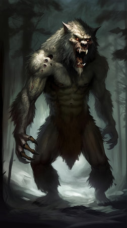 Werewolf - A monster that can transform into a huge wolf to hunt its prey in the dark forests.の写真素材