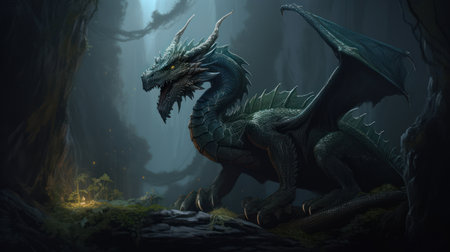 Fierce, Dark handsome regal dragon. Fantasy dungeons and dragons, misty background. digital painting.の写真素材