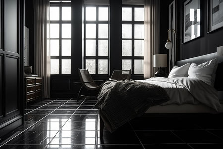 bedroom in white tones, black glossy granite floor tiles, large window throughout the room on the left, cozy atmosphere.の写真素材