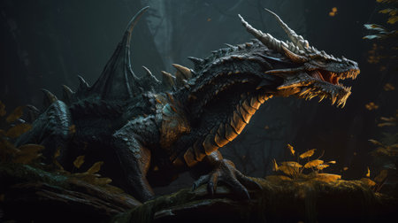 Fierce, Dark handsome regal dragon. Fantasy dungeons and dragons, misty background. digital painting.の写真素材