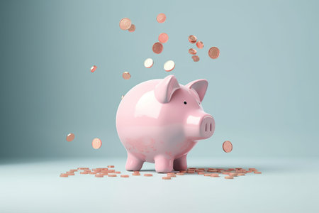Piggy bank with falling coins, 3D rendering.の写真素材