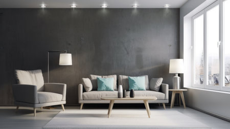 3D rendering of modern living room with furniture, city view, and blank wall for copy space.の写真素材