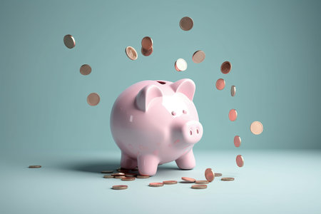 Piggy bank with falling coins, 3D rendering.の写真素材
