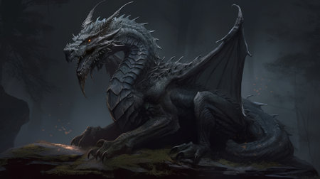 Fierce, Dark handsome regal dragon. Fantasy dungeons and dragons, misty background. digital painting.の写真素材