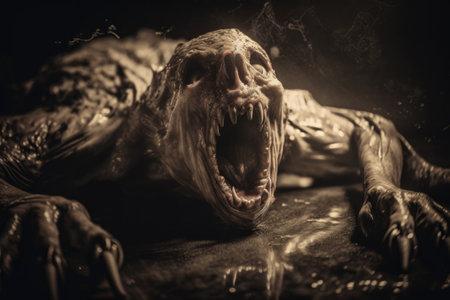 a screaming demon crawling on the floor at night, creepy monster.の写真素材
