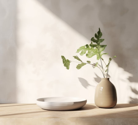 Green plant in modern white vase on stone counter table with leaf shadow and sunlight for interior design and product display. 3D rendering.の写真素材