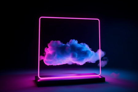 Neon pink and blue lights in a square frame with cloud formation on dark background.の写真素材