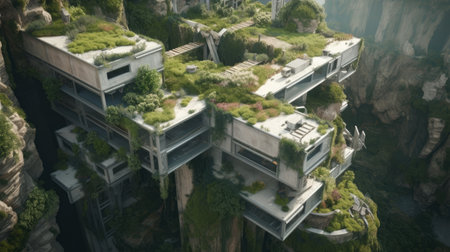Cyberpunk utopian landscape with ancient white stone architecture on hilltop cliff viewed from above.の写真素材