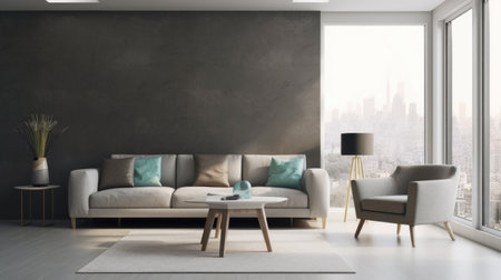 3D rendering of modern living room with furniture, city view, and blank wall for copy space.の写真素材
