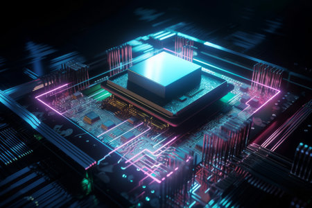 Technology Concept a Microchip. White Neon Data flows between the CPU and the User across a Futuristic Motherboard. 3D rendering..の写真素材