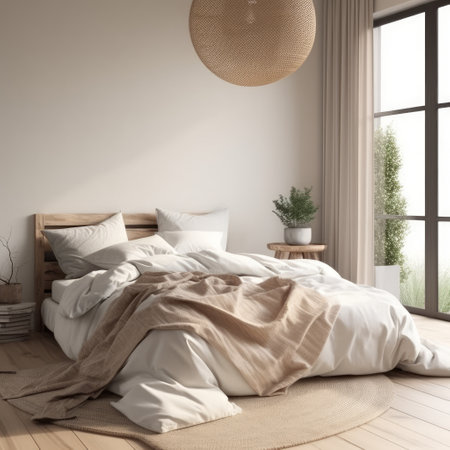 nice cozy bedroom room , for poster mock-up with white wall.の写真素材