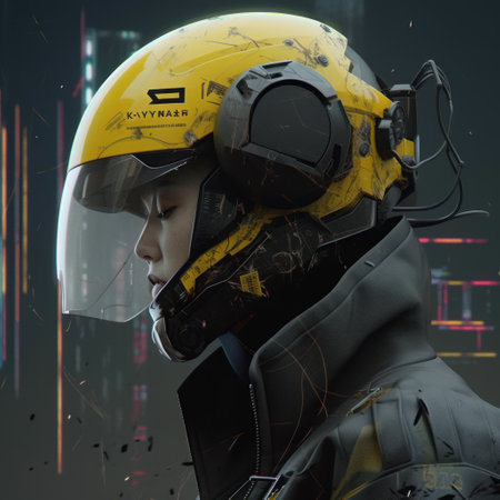 Glass helmet, cyberpunk art, yellow color, Japanese style stickers.の写真素材