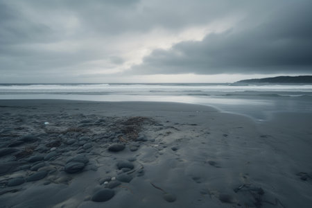 NZ, south island west coast, gray sky over the sea setting over the horizon at the beach, dusk, muted pastel colors.の写真素材