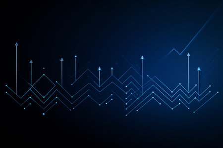 Business growth chart on dark blue background with arrow pointing up and technology circuit lines. Concept of investment and financial success.の写真素材
