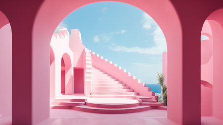 Abstract temple in pastel pink, surrealism 3d render.の写真素材