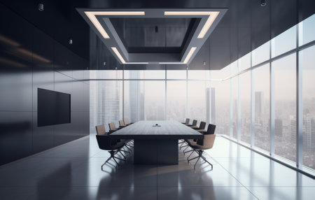 Contemporary conference room with an empty plasma screen on the wall and a view of the city in the background. Futuristic design for presentation purposes. 3D rendering.の写真素材